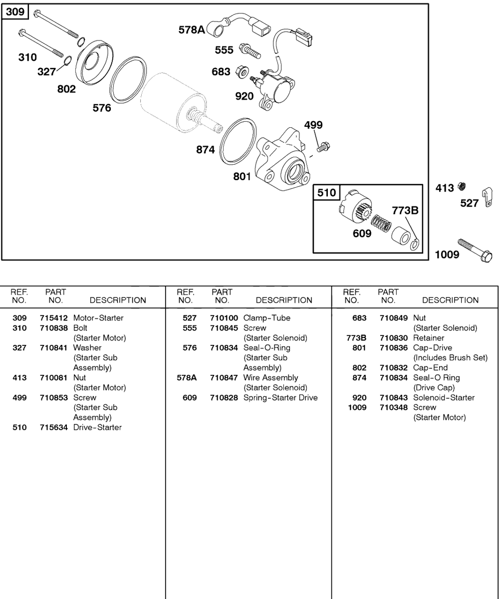 Electric Starter Diagram and Parts List for 115432-0135-XX  Briggs and Stratton Engine